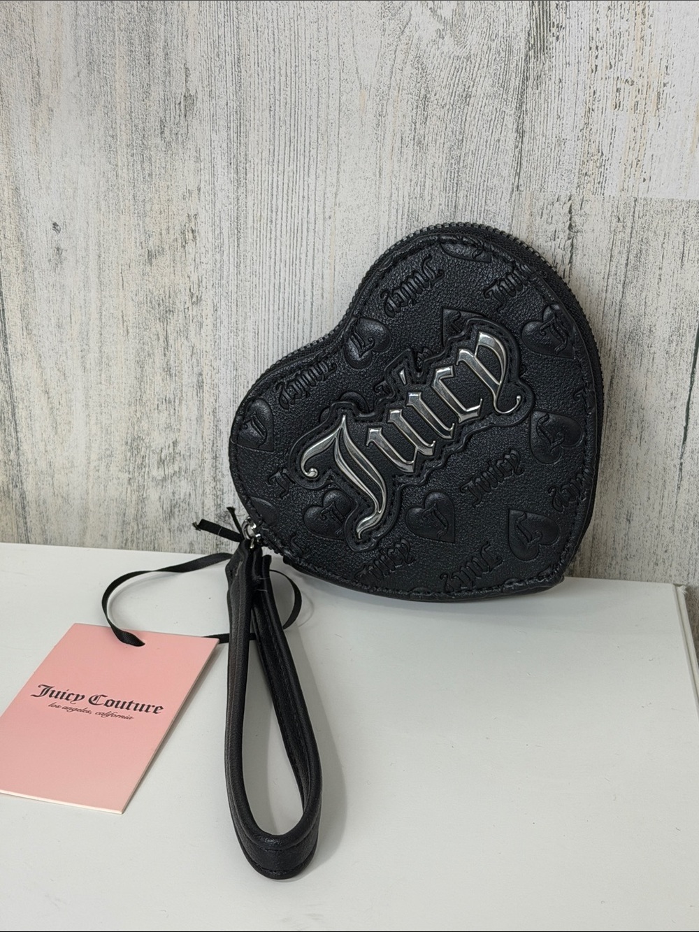 Juicy Couture Black Heart Wristlet Clutch with Embossed Logo